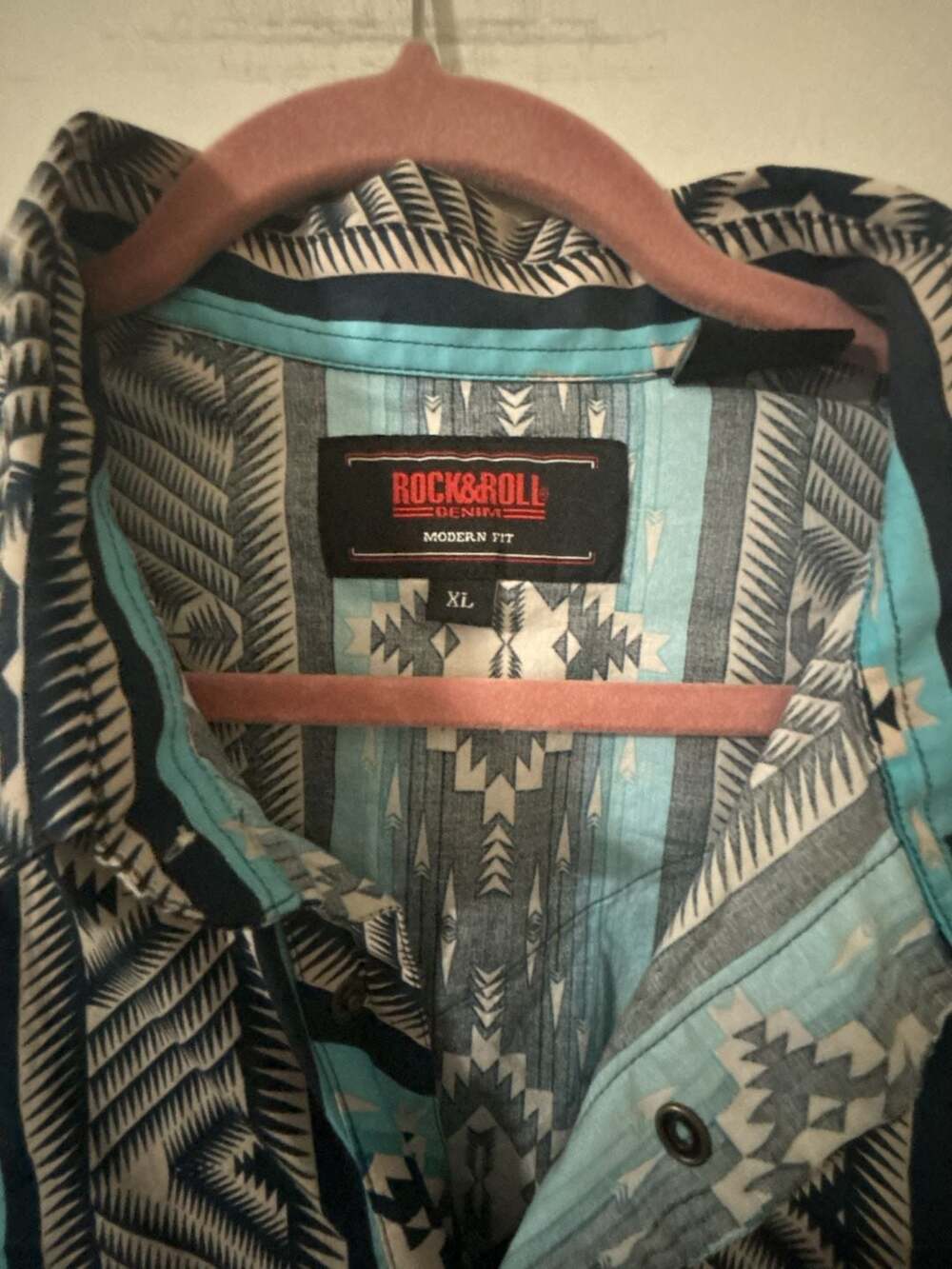 Rock & Roll Denim Modern Fit Aztec Pearl Snap Shirt Men's XL Teal Southwest